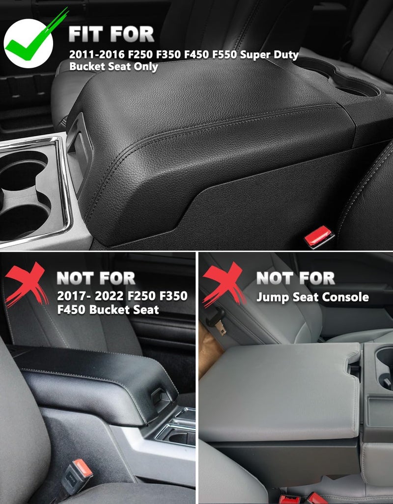 Eaglecover Center Console Armrest Cover for 2011-2016 Ford F250 F350 F450 Super Duty Accessories, Vinyl Leather Middle Armrest Cusion Protector, Anti-Scratch, Bucket Seat Only, Black Gray Stitching - Image 2